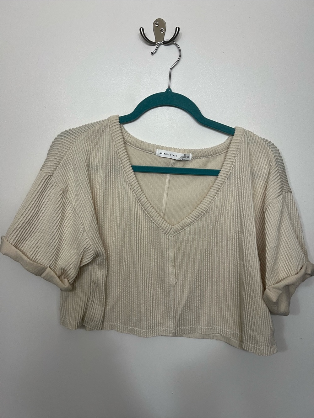 Altar'd State Cream/beige Ribbed V-Neck Cropped Top